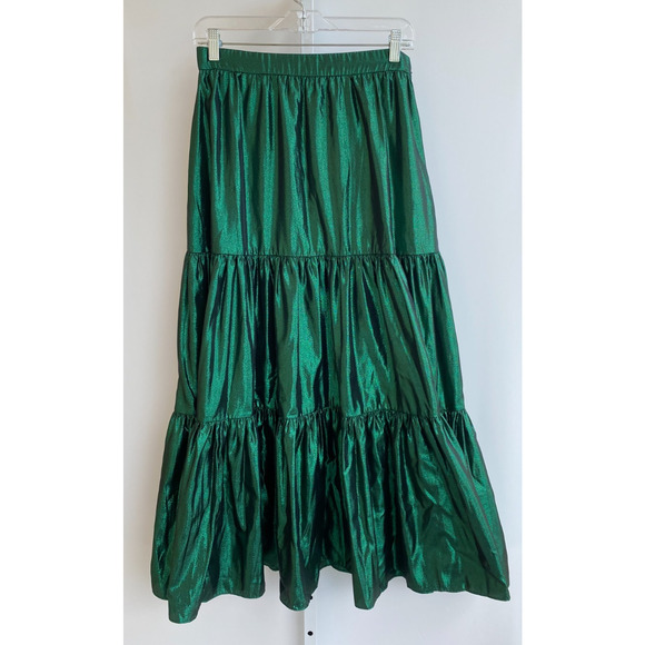 NWT JCrew Tiered Maxi Skirt in Metallic Lamé Dark Spruce Green size S - Picture 2 of 11